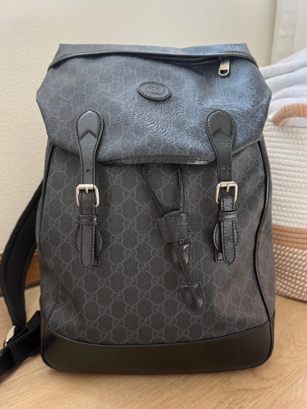 Gucci GG Supreme Black Canvas & Leather Double Buckle Backpack